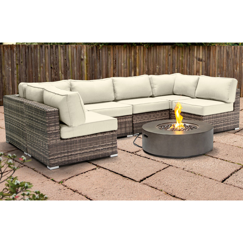 Lsi Fully Assembled 7 Peice Sectional Seating Group With Sunbrella Cushions And Fire Pit, Sunbrella Canvas