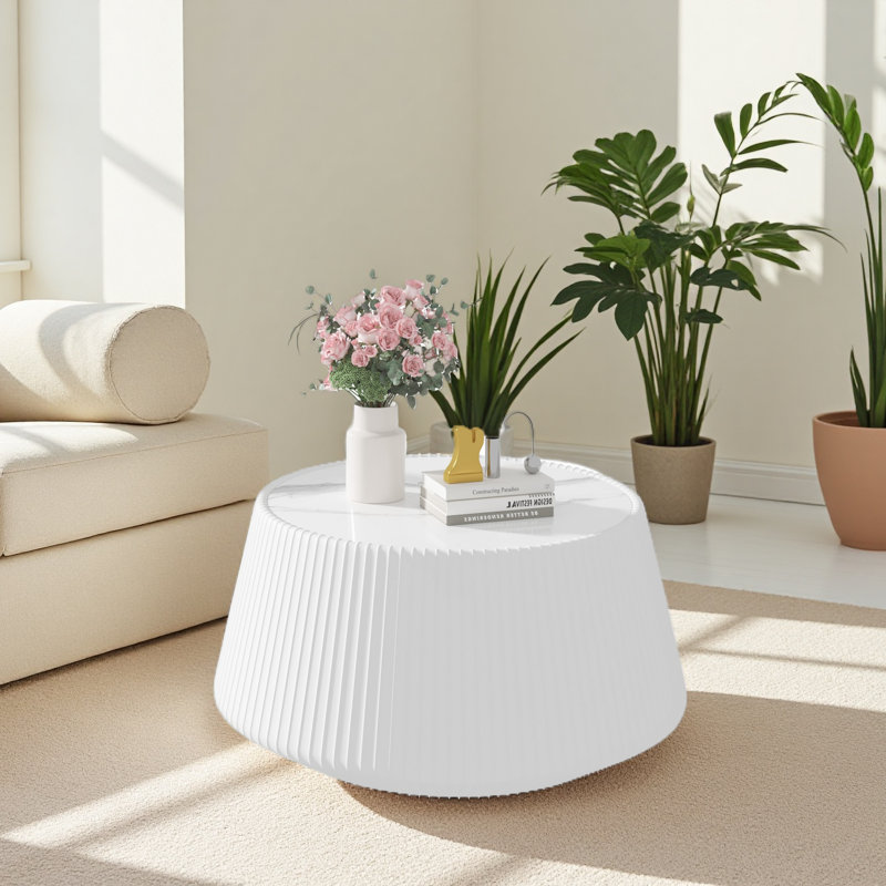 Table basse moderne en cuir fritté avec dessus en pierre pour meubles de salon, Blanc, crème, Blanc, crème
