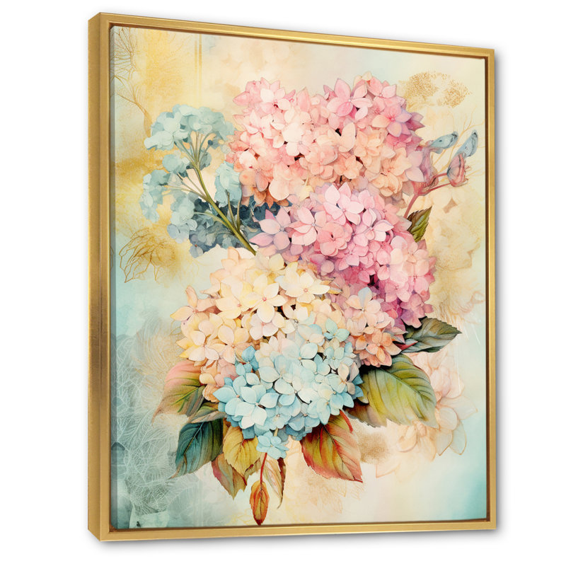 Bouquet d'hortensias rétro en bleu et rose I, 40" H x 30" W, Cadre flottant doré