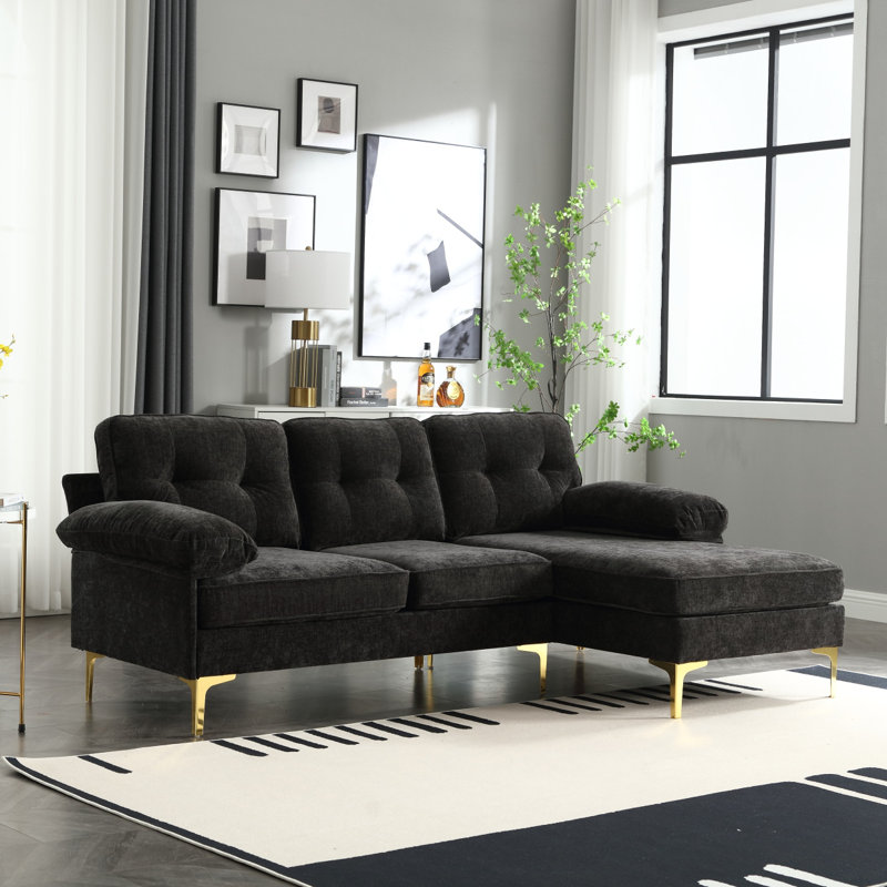 Canapé moderne en forme de L, Chenille noir
