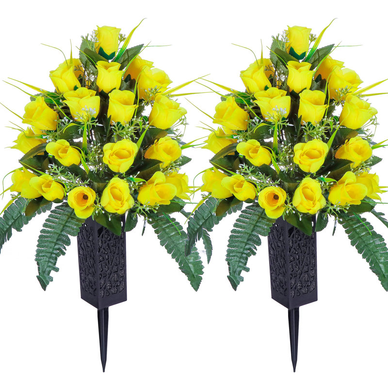 Yellow Silk Rose Cemetery Bouquet with Black Vase Set