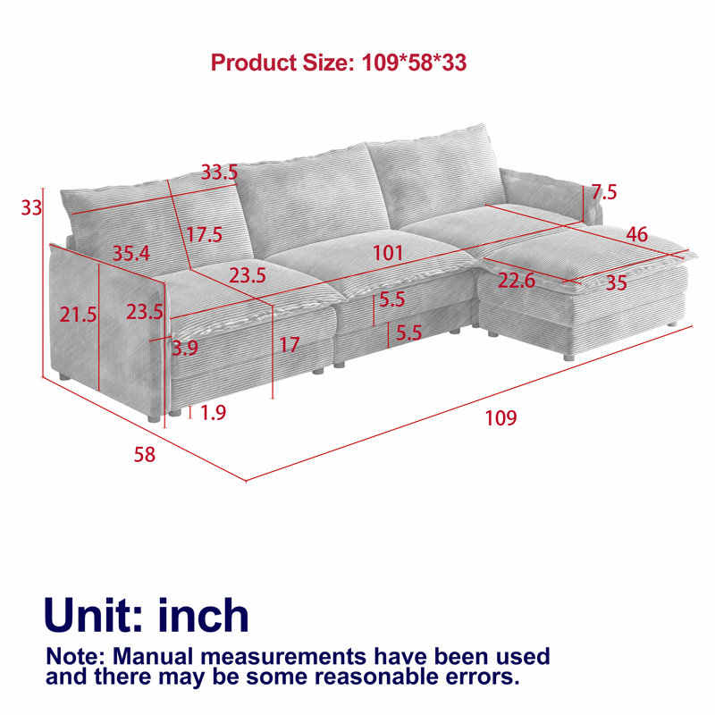 L-Shaped Sectional Sofa 3-Seater Corduroy Upholstered Cloud Couch with 1 Movable Footrest, Green Corduroy