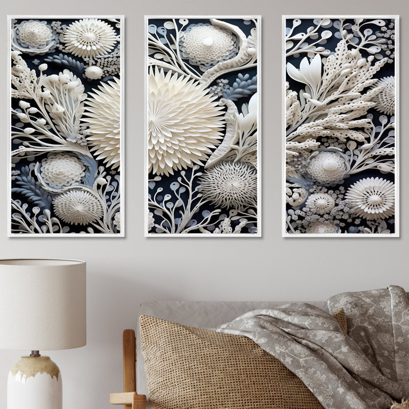 Fleurs de corail gris - Ensemble d'art mural corail sous l'eau, Cadre flottant blanc, H 32 po x l 48 po x P 1 po