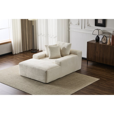 Chaise longue blanche avec revêtement en velours côtelé, 3 coussins décoratifs, accoudoirs larges, support ergonomique, mousse à mémoire de forme, fauteuil moderne surdimensionné sans assemblage pour se détendre à la maison, rembourrage en mousse, forme, espace de vie