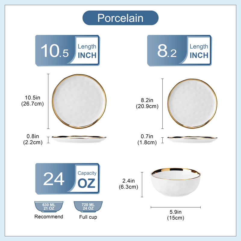 12-Piece Dinnerware, White With Golden Border, Poreclain Tableware, Dinner Plate, Dessert Plate And Bowl, Sevice For 4