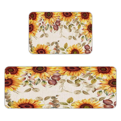 Watercolor Sunflower Floor Rugs, 2-Piece Anti-Slip Flannel Mats for Kitchen & Living Room