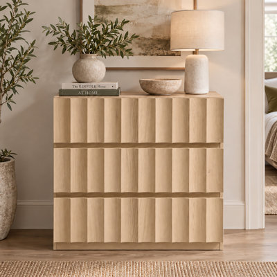Commode 3 tiroirs cannelée de 31 po de largeur pour chambre à coucher, armoire de rangement en bois moderne, commode pour salon, couloir