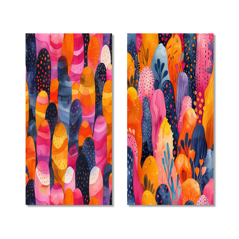 «Pink Blue Boho Dots and Stripes I», ensemble de 2 reproductions d'art murales modernes en métal, 40" H x 40" W