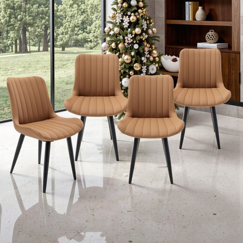Ensemble de 4 chaises de salle à manger sans accoudoirs en cuir PU avec coussins épais et pieds en métal robustes, Brun