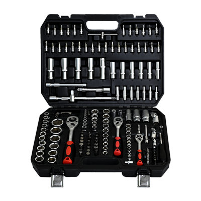 Black Carbon Steel Toolbox With 171Pcs Socket And Ratchet Wrench, For Homeowners Garages, , Lock, Convenient Storage Wrench Tool , Tools In Toolbox, Car Repair, Mechanics Garages
