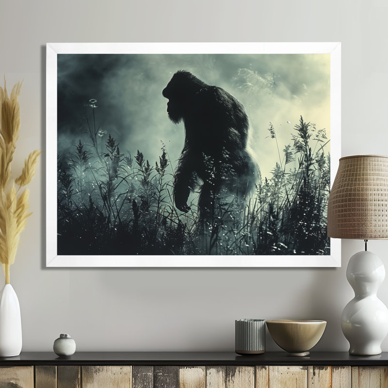 Silhouette d'ombre noire et grise Bigfoot - art mural Bigfoot, Toile encadrée blanche avec une seule photo