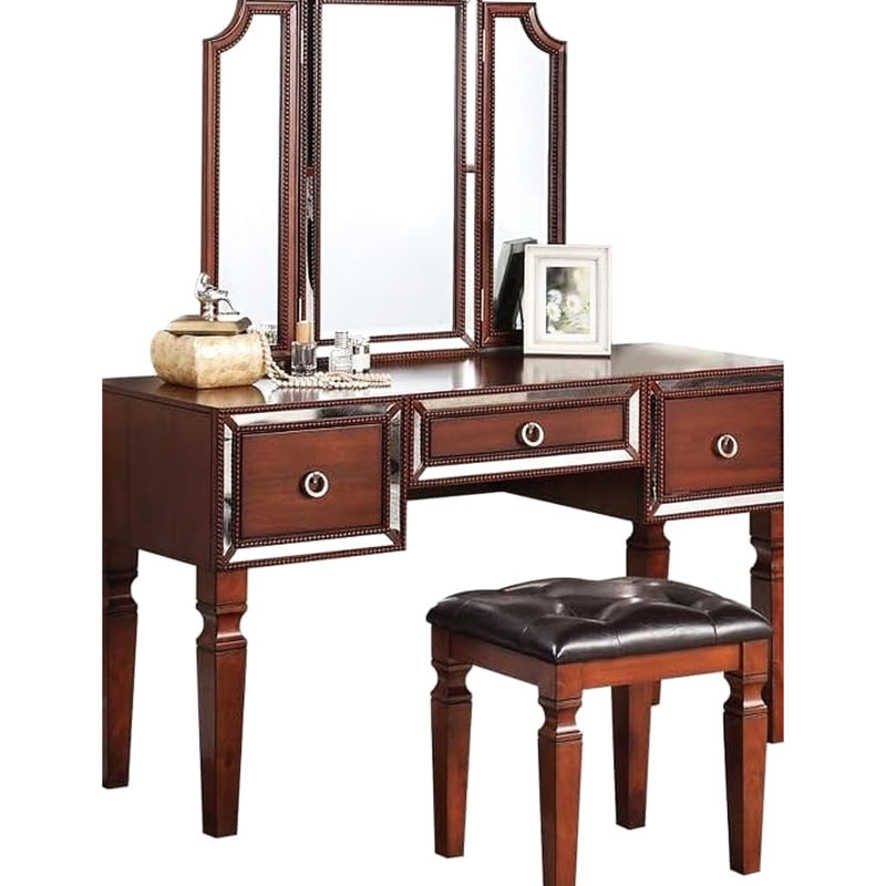 Luxurious Bedroom Vanity - Cherry Color, 3 Drawers, And Tri Mirror Majestic Color With Stool Drawers