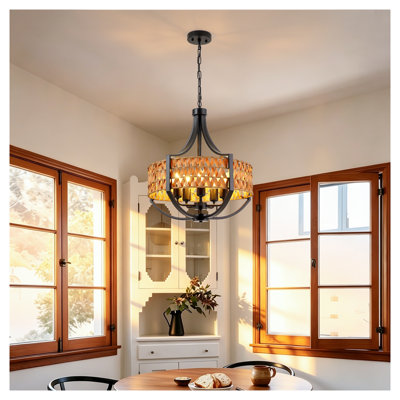 19.7" Black Iron 5-Light Rattan Chandelier with Natural Woven Reed Shade, Boho Farmhouse Hanging Pendant Light for Dining Room, Living Room, Foyer, and Bedroom