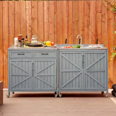 Série d'îlot de cuisine pour l'extérieur - Ensemble modulaire en bois massif 2 pièces, station d'évier en acier inoxydable 304 avec robinet, tiroir, 2 tablettes de porte, armoire de rangement extérieure avec roues pour la cour arrière, patio