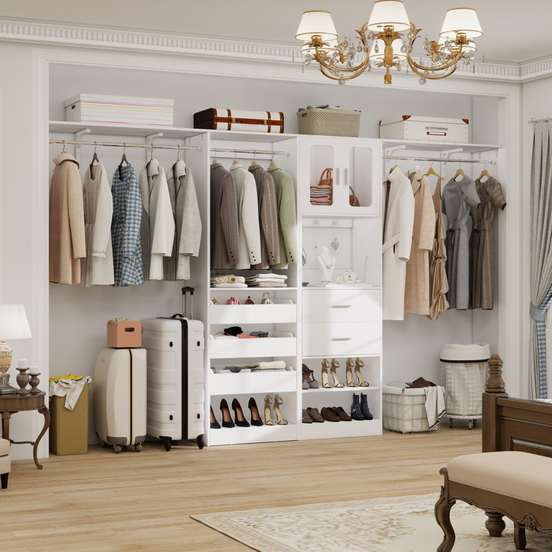  80"-120" Closet Organizer With Door And Wooden Drawers（Adjustable Width）, White