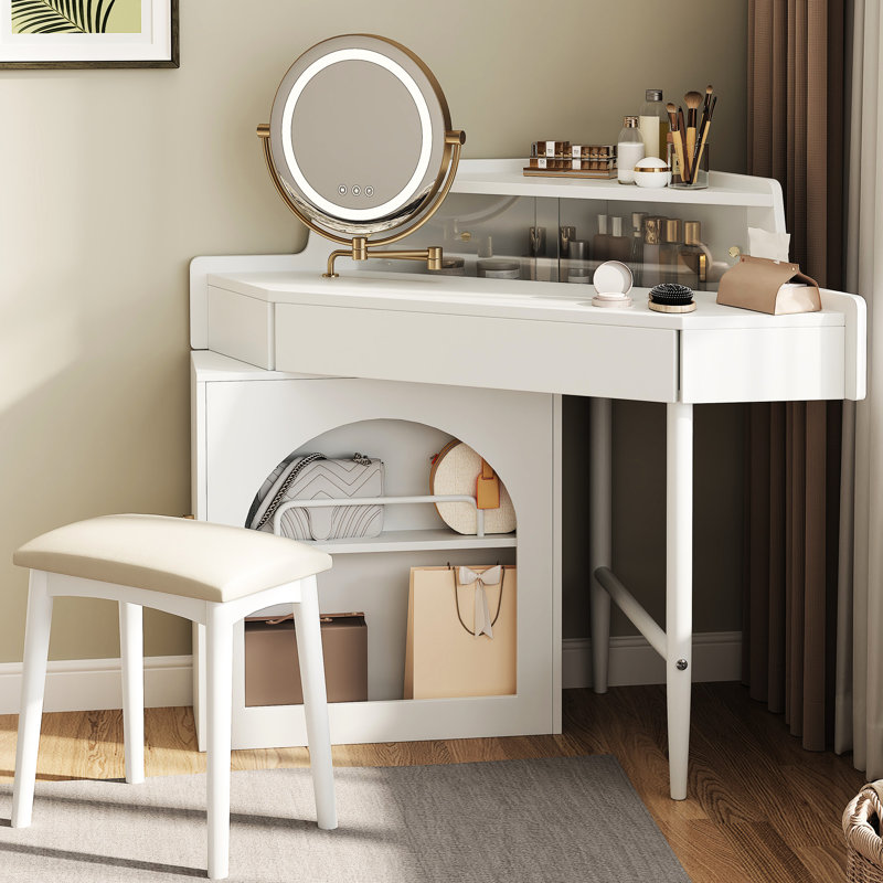 Bureau de coiffeuse de coin avec miroir pliant réglable, éclairage à DEL 3 couleurs, rangement adéquat et tabouret