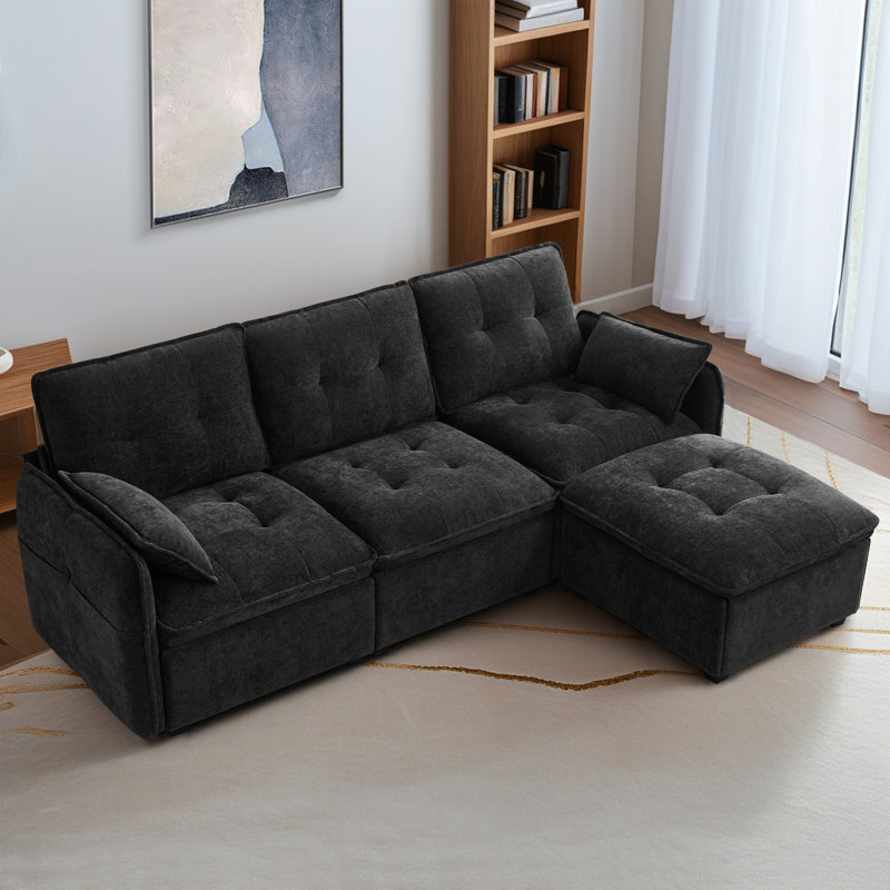 Canapé modulaire en chenille avec repose-pieds Cloud, Chenille noir