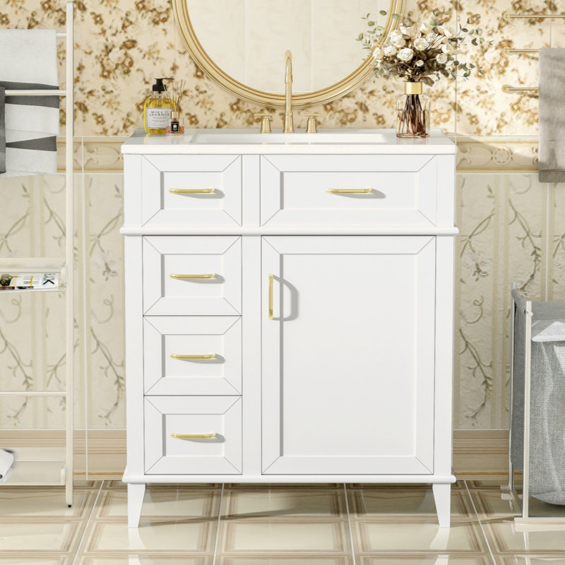 Meuble-lavabo de 30 pouces avec lavabo en céramique, tablette réglable, porte à fermeture en douceur et trois tiroirs à fermeture en douceur