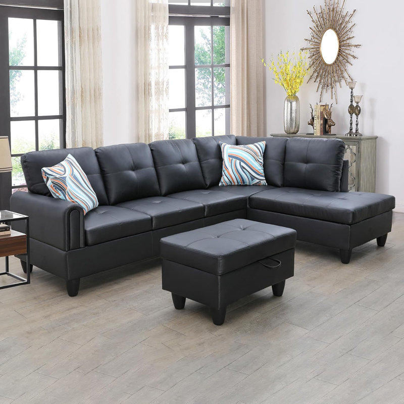 3-piece Faux Leather Sectional Sofa, Black Faux Leather