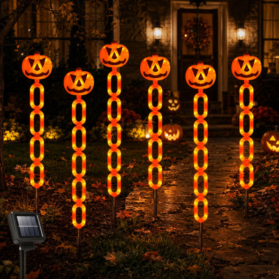 6-Pack Orange Jack-O'-Lantern Solar Pumpkin Chain Stake Lights, Outdoor Halloween Pathway Decorations for Garden, Yard, Lawn, Grave and Porch Displays