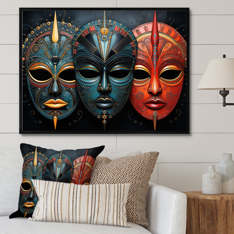 Red African Masks III - Masque africain, art mural, Noir, H 30 po x l 40 po, Cadre photo unique