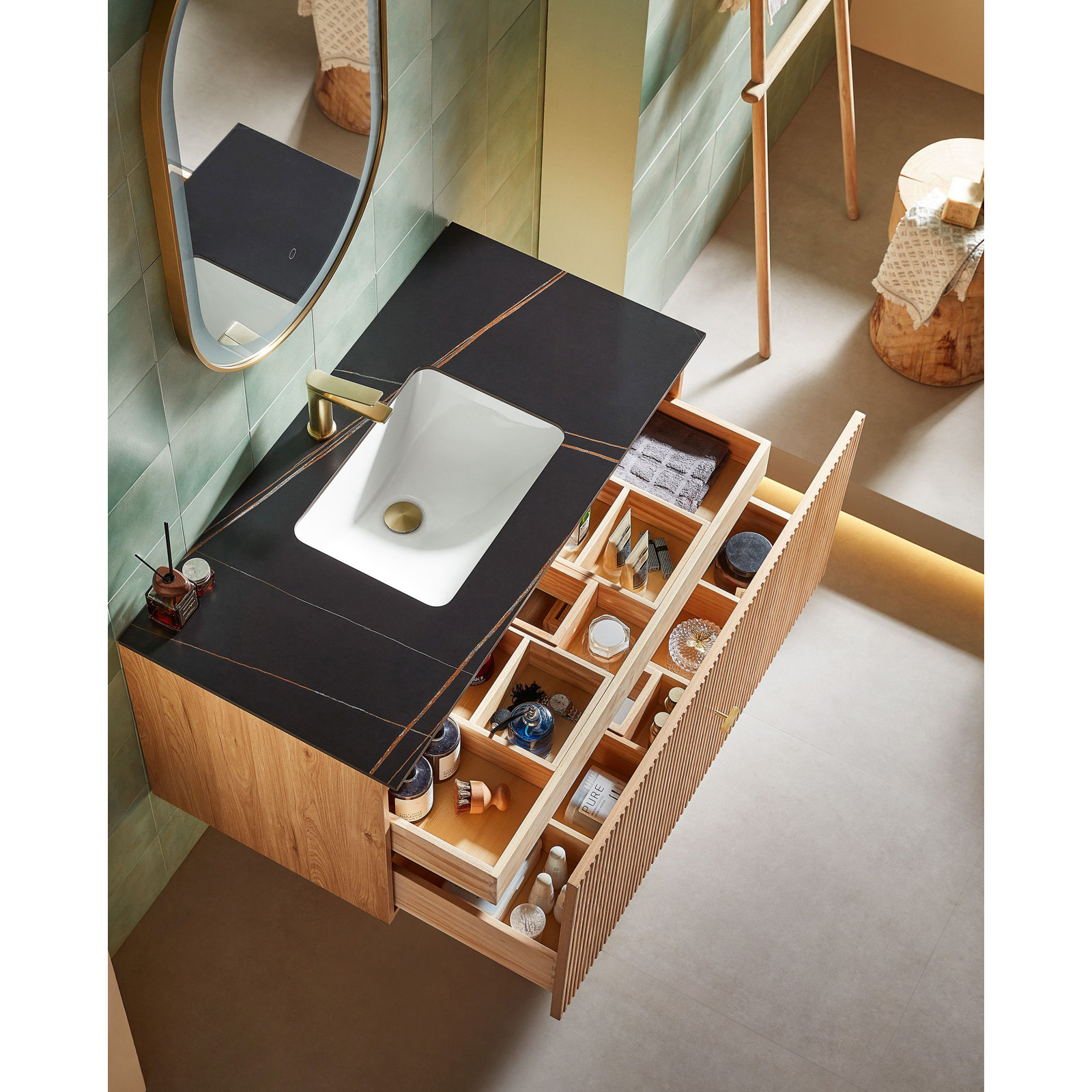 Jamell 42 Wall Mount Modern Bathroom Vanity, Black, Natural Oak