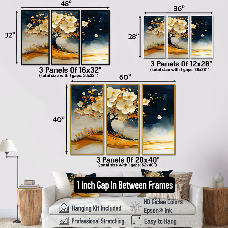 Ensemble de salon art mural cerisier doré et bleu I - Tree Cherry Blossom, H 40 po x l 60 po x P 1 po