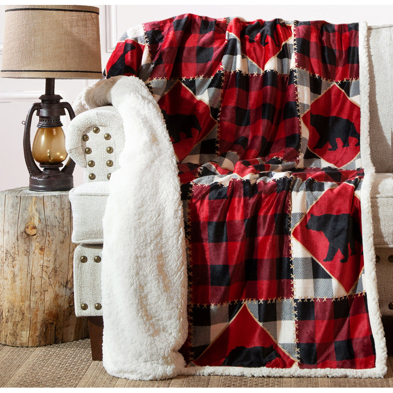 Red Plaid Sherpa Fleece Bear Throw Blanket 54" x 68"