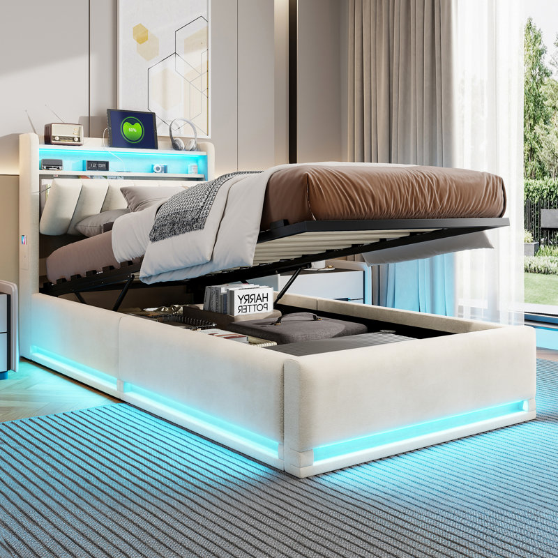Blawnox Ottoman Storage Bed Frame with LED Headboard, Velvet Upholstered Lift Up Bed with Headboard Storage Shelves, Beige