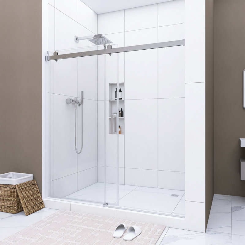 68 à 72 po X P 76 po H Porte de douche coulissante simple sans cadre au fini nickel brossé, Nickel brossé