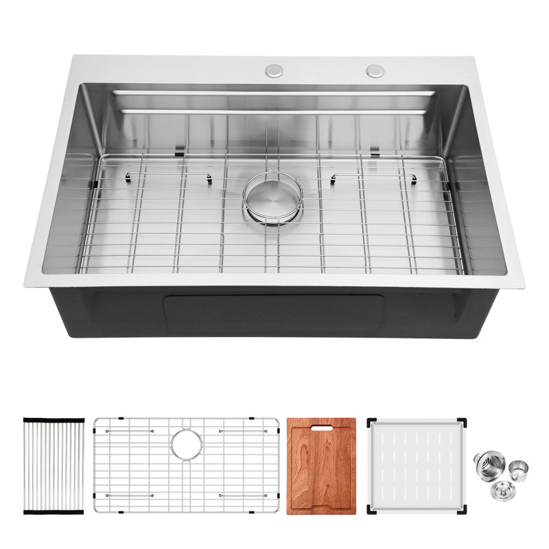 33*22 Inch Drop-In Kitchen Sink - Stainless Steel 16 Gauge Workstation With Soundproofing, Quick Draining, 16G T304 Ledge Soundproof, Smooth Drain,