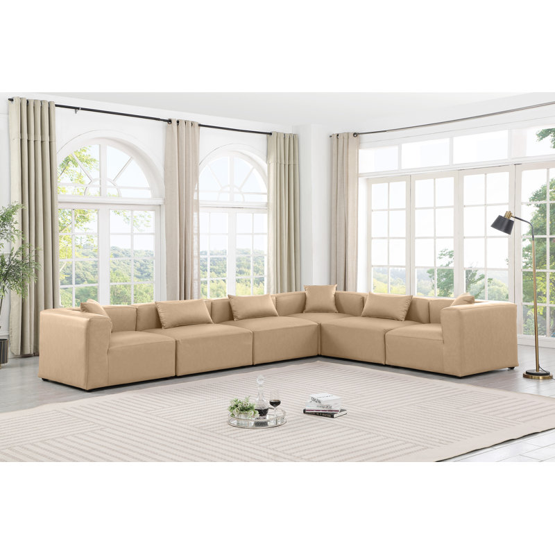 Houswerth Upholstered L-Shaped Sectional Reversible, Tan Vegan Leather
