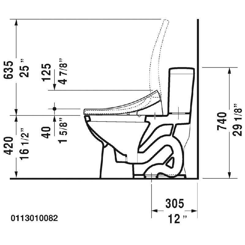 Toilette allongée monobloc D-Code 1,28 GPF (économe en eau) avec glaçage hygiénique (siège non inclus), Côté droit