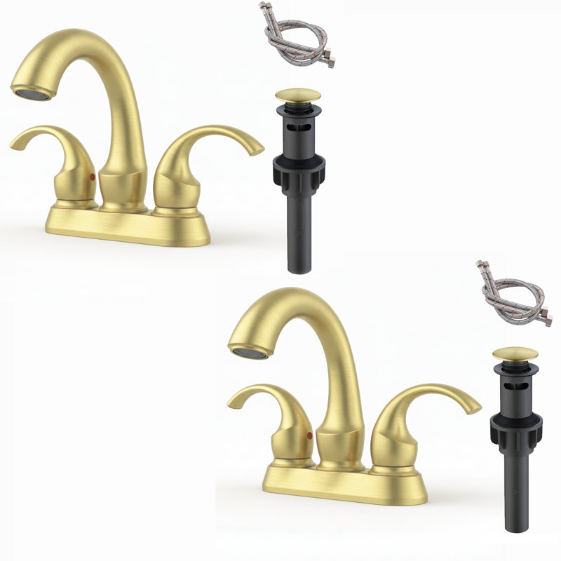 Robinet de salle de bain à poignée double High-Arc avec ensemble de drain (ensemble de 2), Or brossé