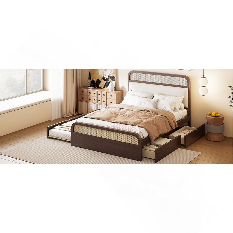 Grand lit plateforme en bois avec lit gigogne et 2 tiroirs