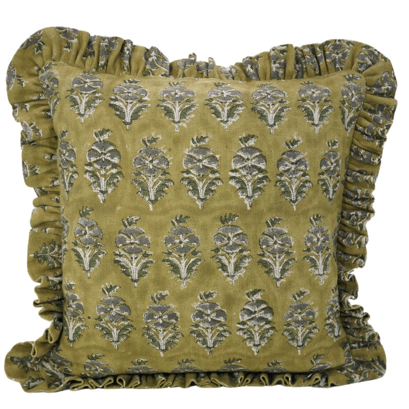 Coussin décoratif décoratif à motif de volutes en lin épais Fab Divine Accent (Mor Mukut, vert), H 14 po x l 14 po, Carré