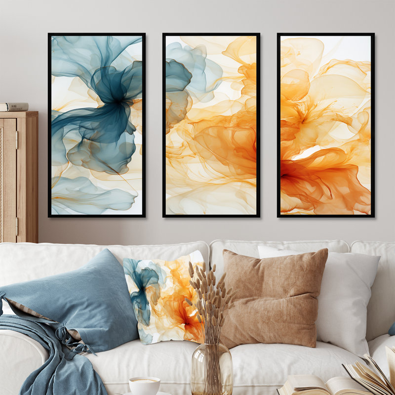Encre orange et bleue - Collages abstraits, art mural, H 28 po x l 36 po x P 1 po, Cadre flottant noir