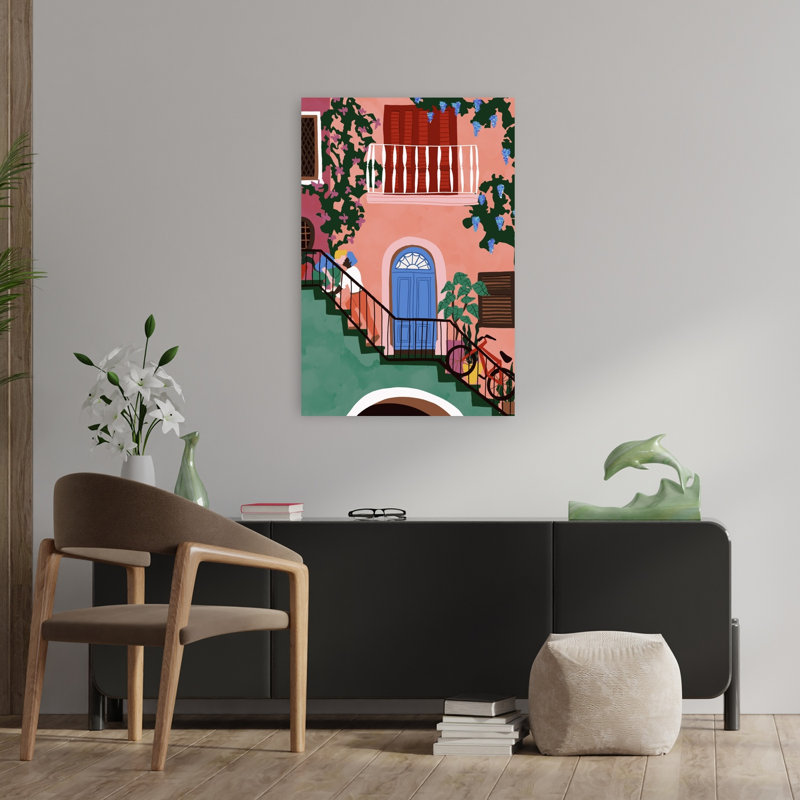 Charmant escalier méditerranéen coloré, architecture vibrante et romantique, impression d'art mural, 36" H x 24" W