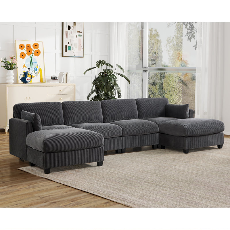 Canapé modulaire rembourré en velours côtelé de 128,2 po de largeur avec deux repose-pieds amovibles Brampton, Gris Pierre