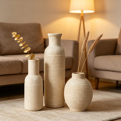 Rustic Farmhouse Ceramic Vase Set of 3, Decorative Vases for Home Decor, Pampas Grass Dried Fresh Flowers, Table Centerpiece Mantel Entryway Kitchen Bedroom White
