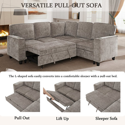 L-Shaped Sofa with Pull Out Sofa Bed, Sleeper Sofa Couch Bed with Storage Seat, 5 Seat Sectional Sofa Bed with USB, Sectional Sofa Couch for Living Ro