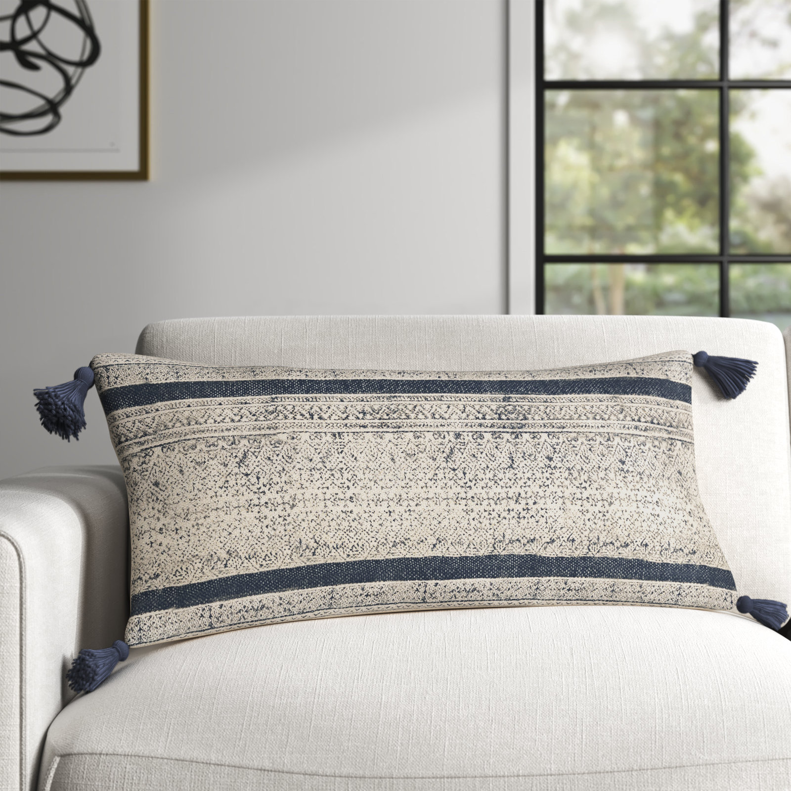 Zetta Tassels Cotton Lumbar Throw Pillow, Polyester/Polyfill, Beige/Denim
