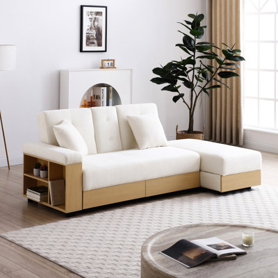 Convertible Sleeper Couch - Multifunctional Double Folding Bed With Storage , Arm Box And Drawer, Drop Down Table 2 Cup Holders For Living Room, Apartment, Office, Beige, Soft Cotton Linen Fabric,