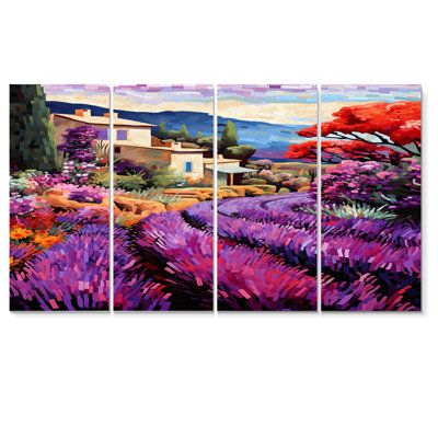 «White Cottage In Blossoming Lavender Fields - Lavender Fields, art mural», 4 pièces