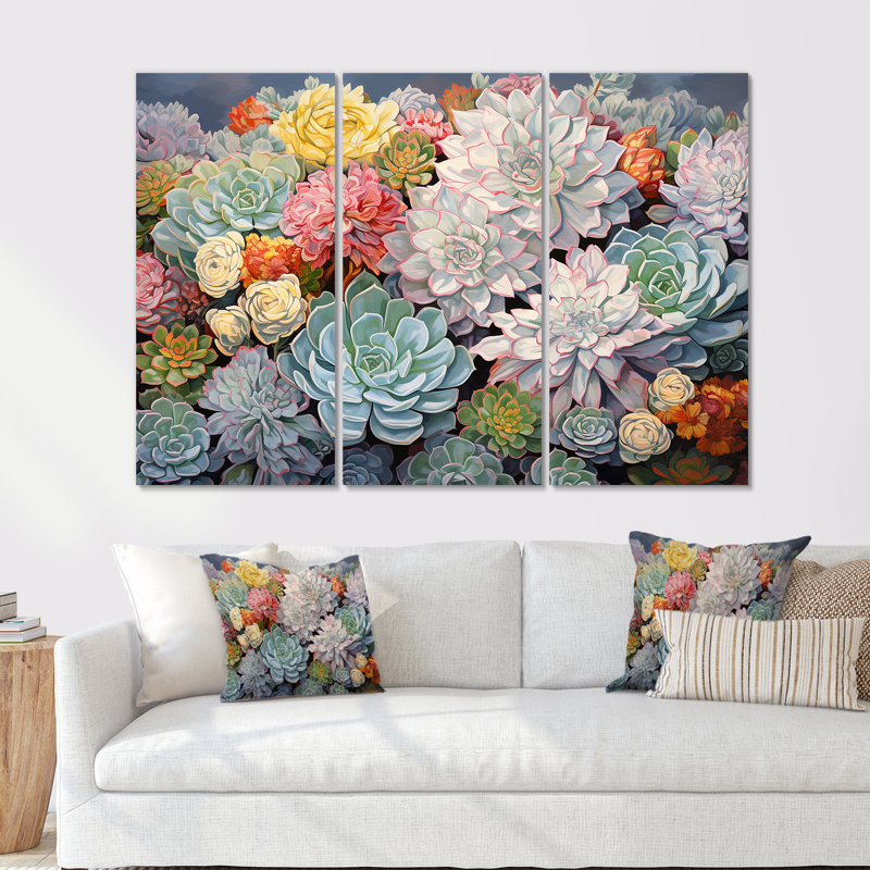 Blue Succulent Dessert Charm - Ensemble de décorations murales succulentes, Toile tendue, H 40 po x l 60 po x P 1 po