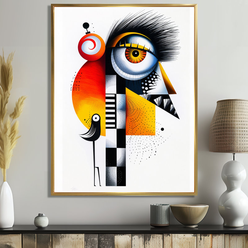 Décoration murale étrange créature amicale avec oiseau, Cadre flottant doré, H 32 po x l 24 po x P 1 po