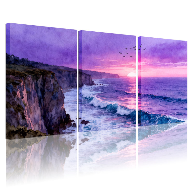 Paysage et nature, coucher de soleil mauve, océan, vagues, falaises, oiseaux, ciel, ensemble de 3 impressions sur toile