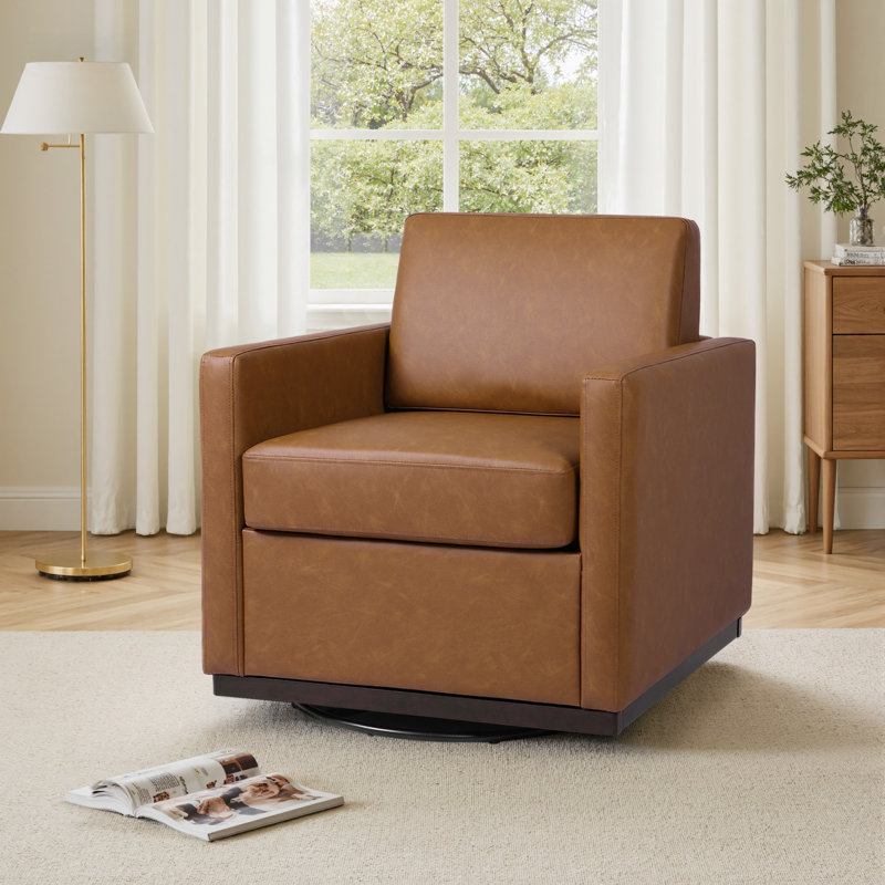 Modern Upholstered Brown Faux Leather Square Swivel Armchair with Matel Base, Brown Faux Leather