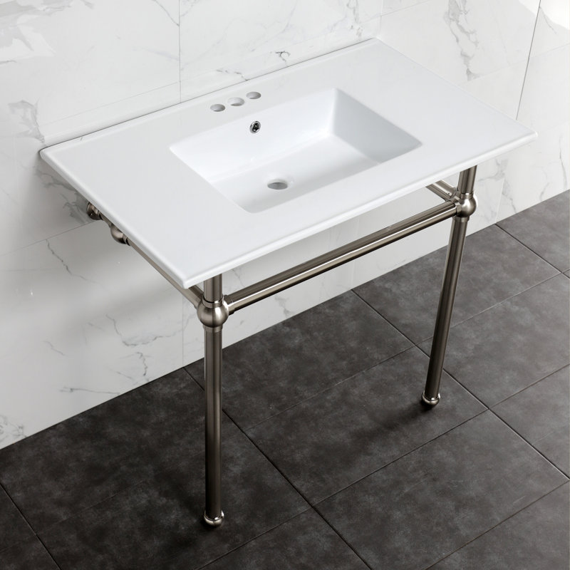 Kingston Brass Templeton 37-Inch Ceramic Console Sink with Brass Legs, White/Brushed Brass, 8" Centers