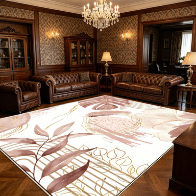 1PC Bohemian Blush Pink Gold Tropical Monstera Botanical area rugs for Living Room, Soft, All seasons, Easy-maintain, Washable Indoor mat, Farmhouse suitable for dining room, bedroom, kitchen, entryway, home office, patio, Home Decor, Outdoor Decor.
